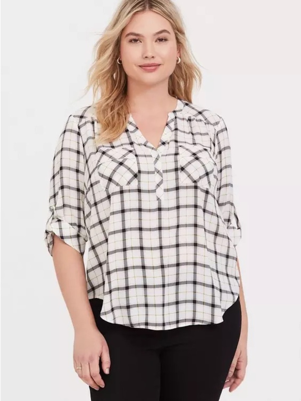 Torrid Harper Blouse White Plaid 3/4 Sleeve Georgette Top Size 3X